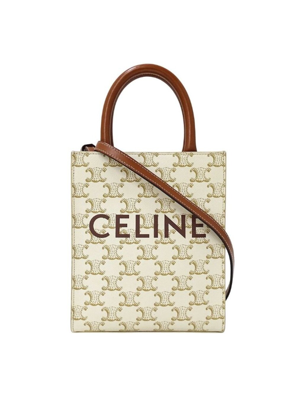 Celine Handle Shoulder Bag 2-Way Triomphe Mini Vertical Cabas White Brown Small
